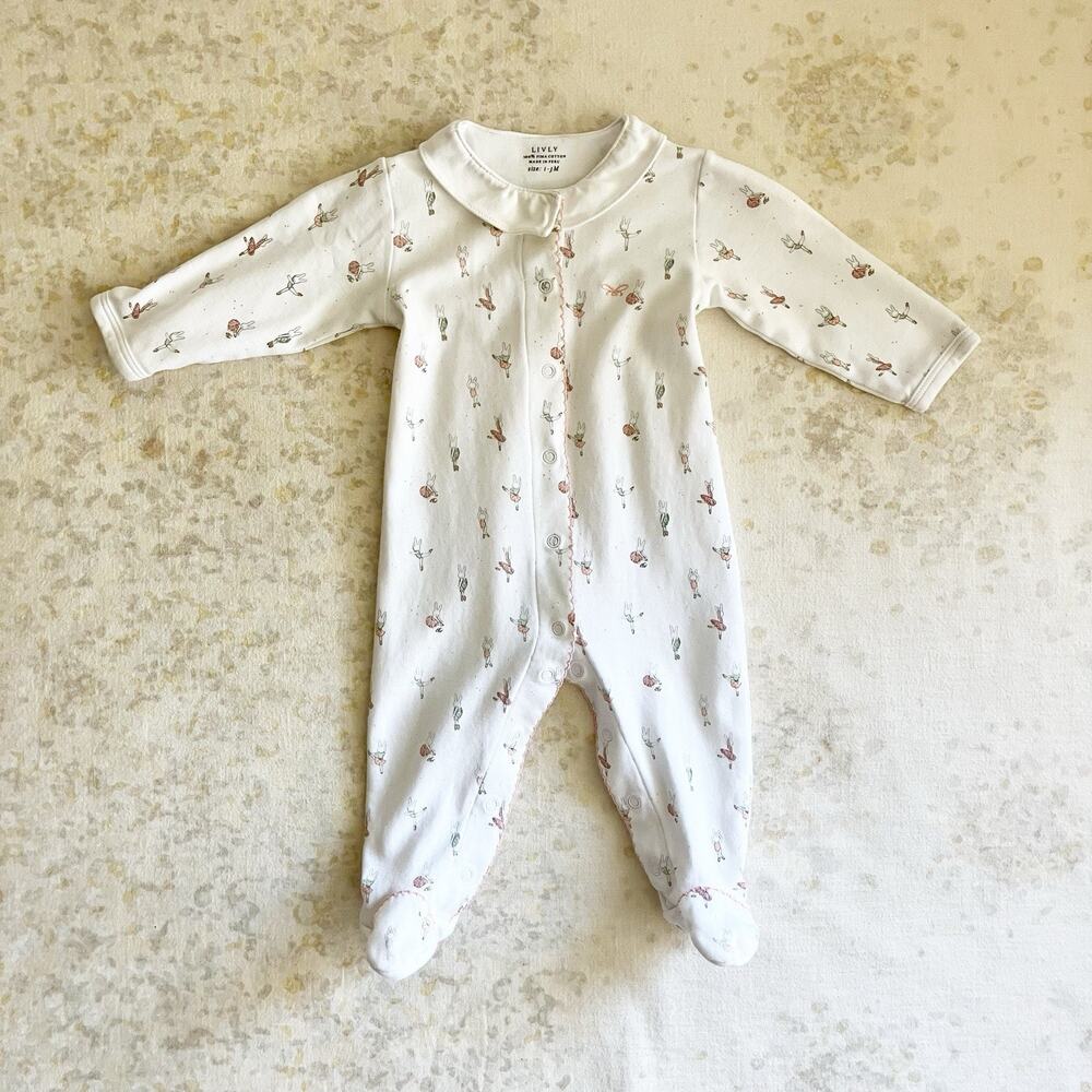 Livly 1-3 Mos Footie Bunny Rabbit Ballerina Print White Collar Long Sleeve Girls
